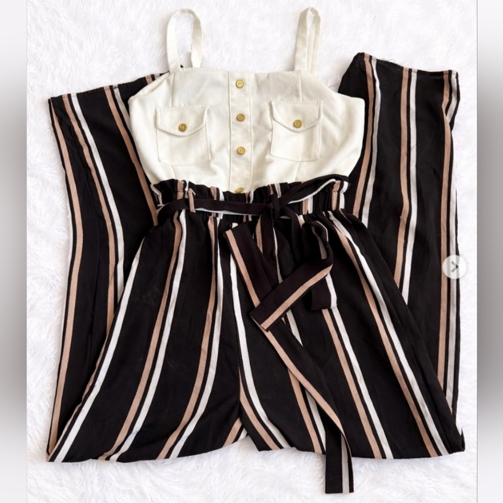 Striped High-Waist Wide Leg Jumpsuit with Cream Button Bodice